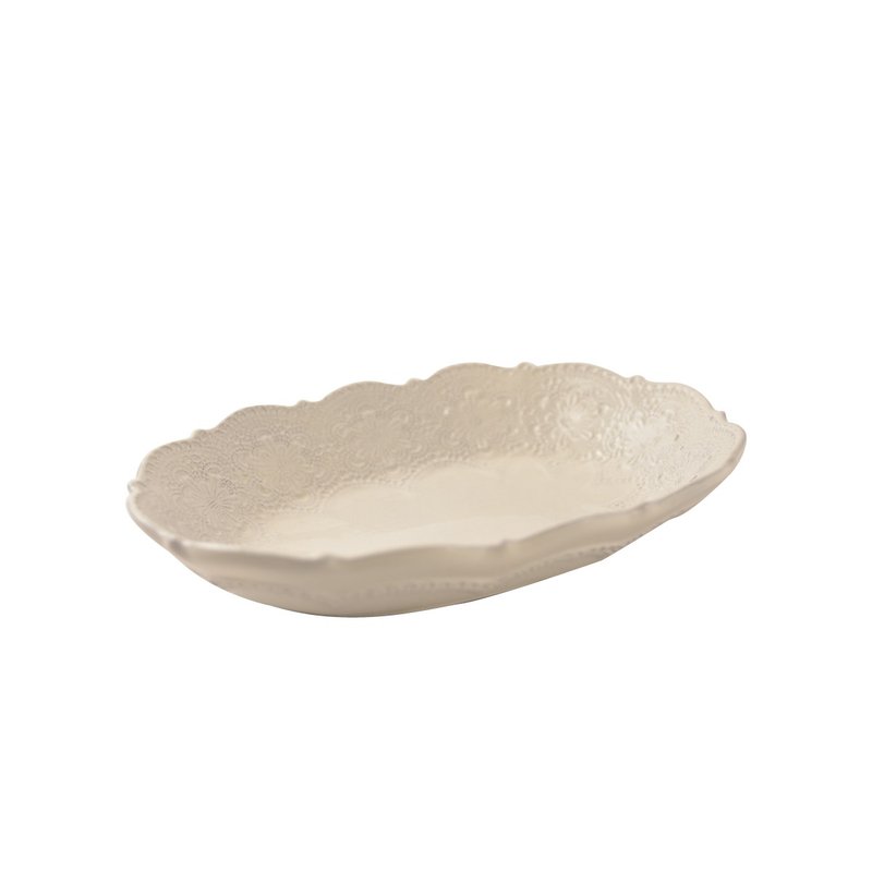 Italy VBC casa-Handmade embossed lace series 28x20x5cm oval plate (off-white/11 inches) - Plates & Trays - Pottery White