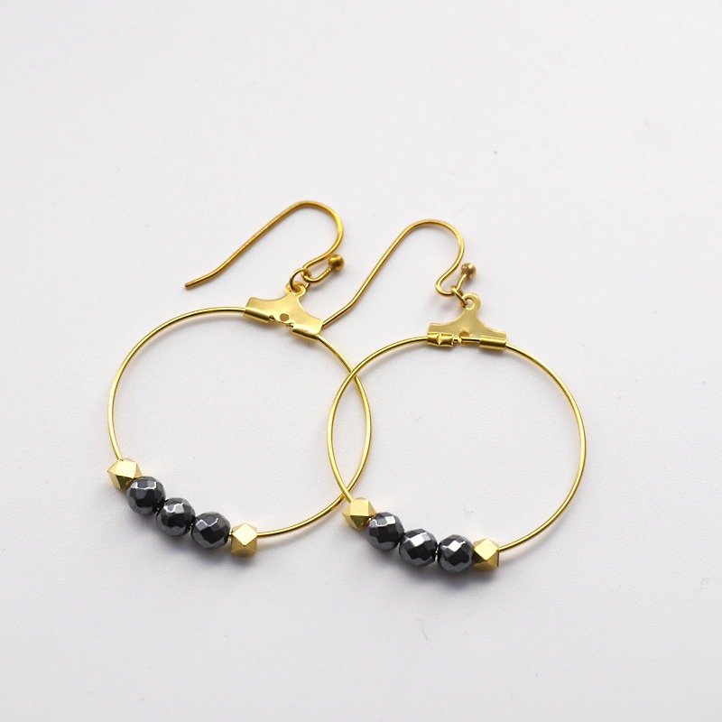 Light Jewelry Series Natural Black Gallstone Hematite Personality Gold Large Circle Earrings (can be changed) - Earrings & Clip-ons - Other Metals Gold