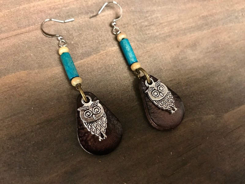 POPO│ handmade leather earrings │ owl - ต่างหู - หนังแท้ สีนำ้ตาล