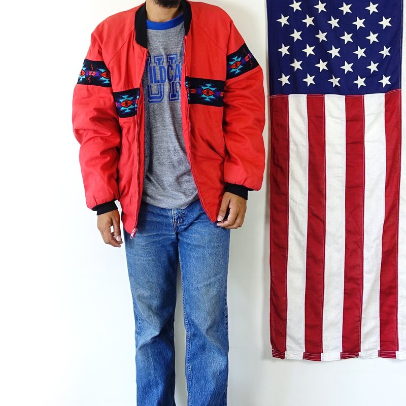 BajuTua / vintage / 80's American-made Indian native totem bright red bristle jacket - เสื้อโค้ทผู้ชาย - ผ้าฝ้าย/ผ้าลินิน สีแดง