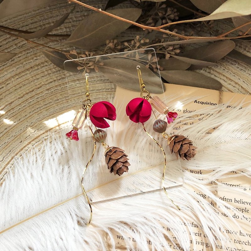 Brass red pine cone fruit earrings can be changed ear clips - Earrings & Clip-ons - Plants & Flowers Yellow