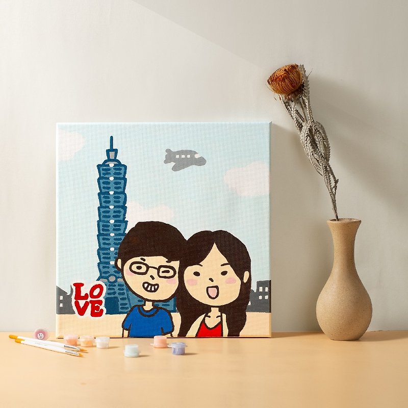 [Customized gift] I love you as high as Taipei 101. Hand-painted Q version customized digital oil painting - Customized Portraits - Cotton & Hemp Multicolor