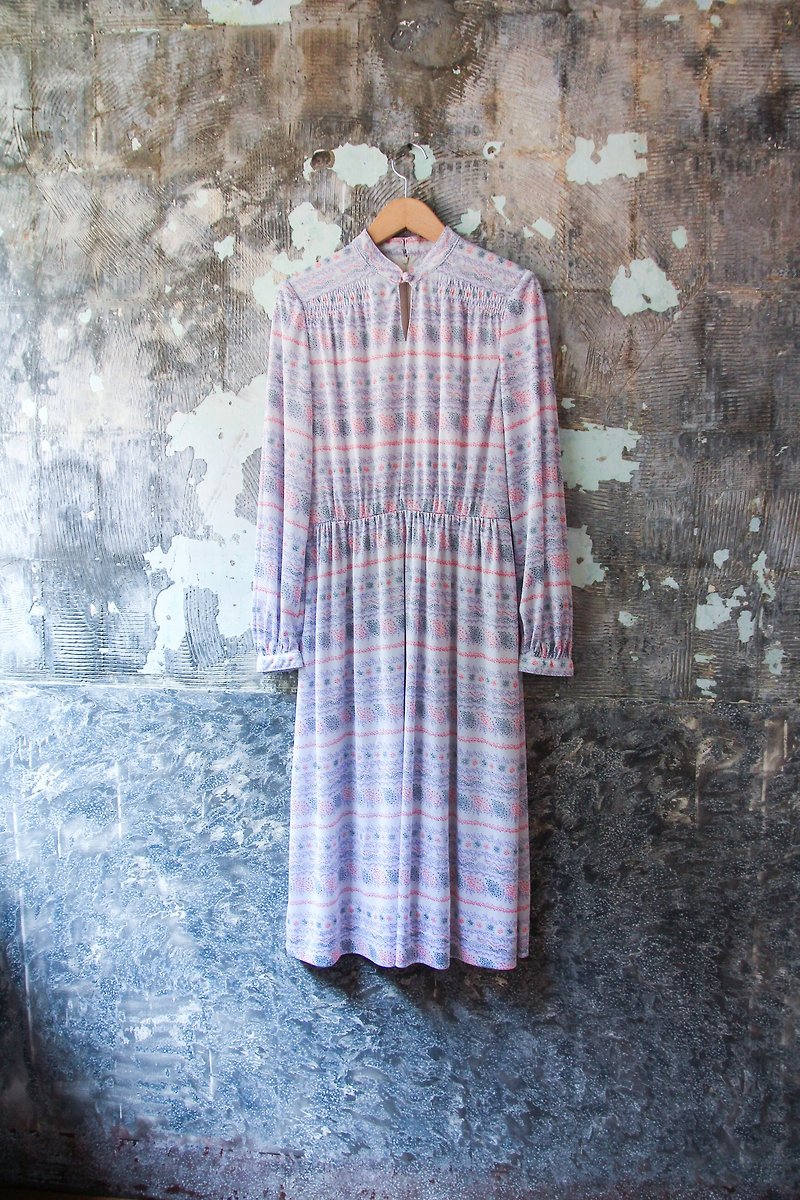 裊裊百貨公司-Vintage 粉紫碎花長袖洋裝 復古著 - 連身裙 - 聚酯纖維 