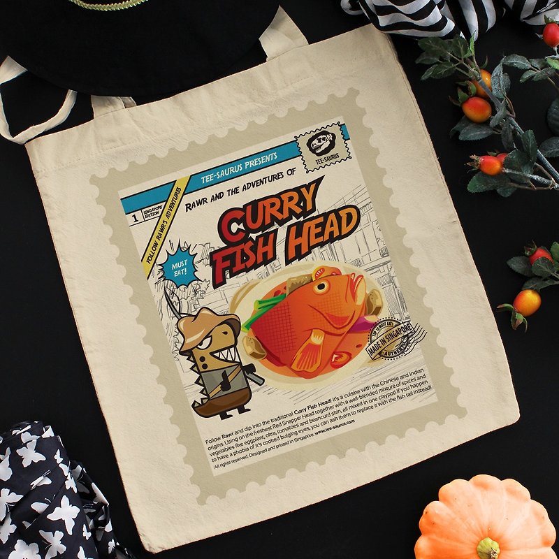 Tee-Saurus Happy Totes - Singapore Curry Fish Head Cotton Tote Bag - 手提包/手提袋 - 棉．麻 