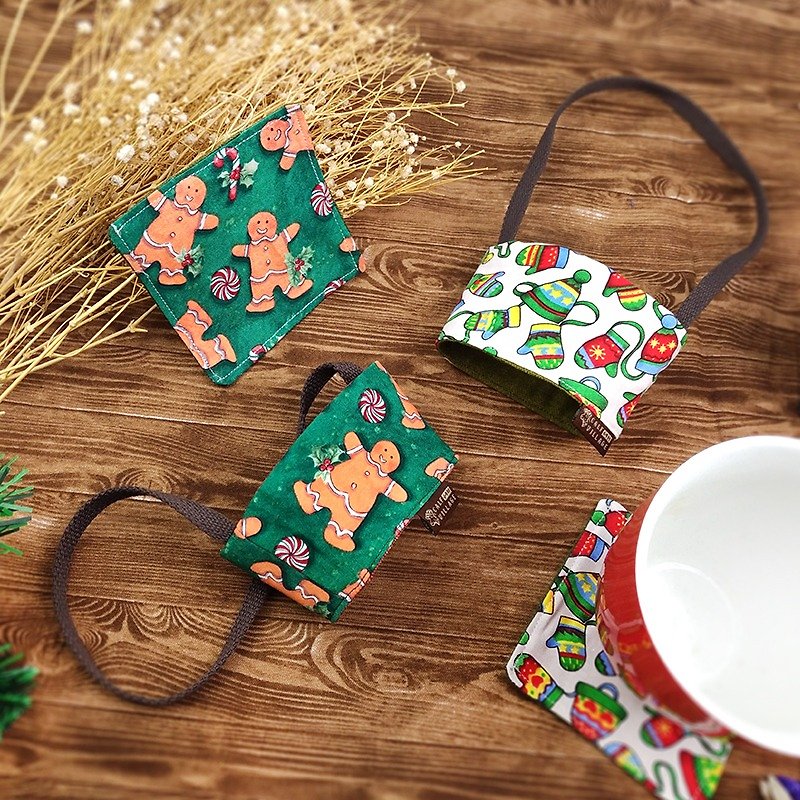 Calf Village Calf Village hand-sided environmentally friendly drink bag hand-cranked cup coffee bag Gingerbread man coaster Christmas limited exchange gifts {Meng Christmas - Environmental Series 2 into the group} [D-16] with packaging - กระเป๋าถือ - ผ้าฝ้าย/ผ้าลินิน สีแดง