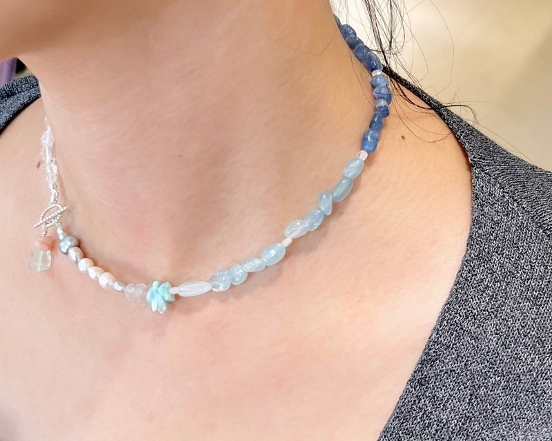 Late Winter, Early Spring__Handmade Natural Aquamarine, Kyanite, Clear Quartz, Moonstone Beaded Necklace - Necklaces - Sterling Silver Silver