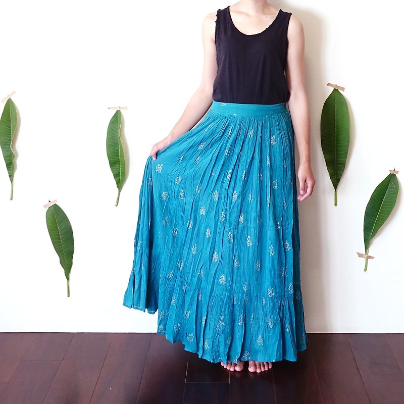 BajuTua/古著/ 70's 浪漫藍綠色燙金印度棉大圓裙 - 裙子/長裙 - 棉．麻 藍色