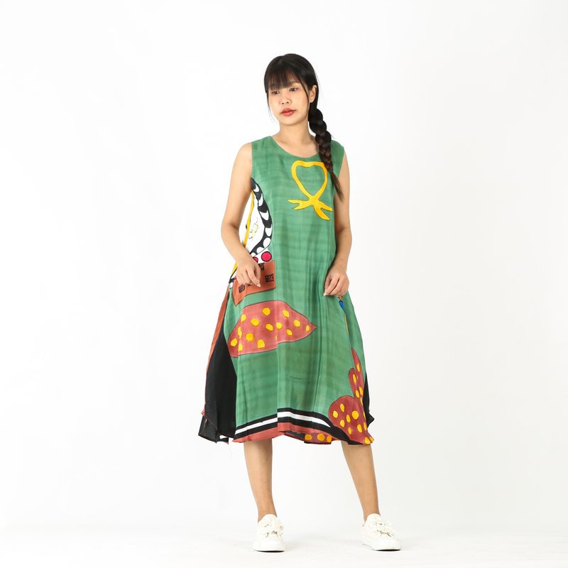 Sac Sleeveless Dress Soft Cotton Silk Hand Paint for Holidays Summer - 洋裝/連身裙 - 棉．麻 綠色