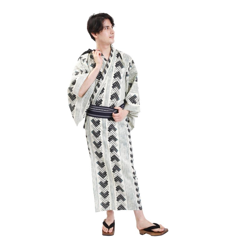 Men's cotton yukata and obi 2-piece set SML size Z32-08B yukata - Other - Cotton & Hemp Blue