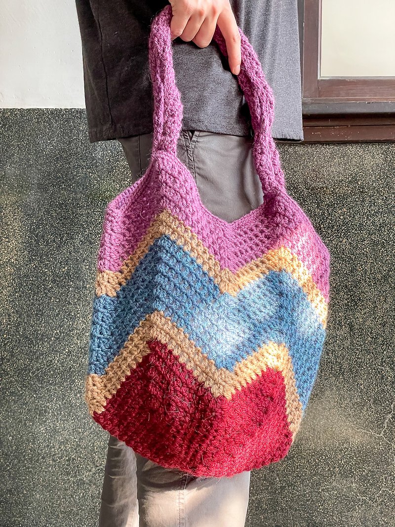 【おばあちゃんの独創的な編み物】手作りかぎ針編みファッションミックスカラーバケットバッグ-秋