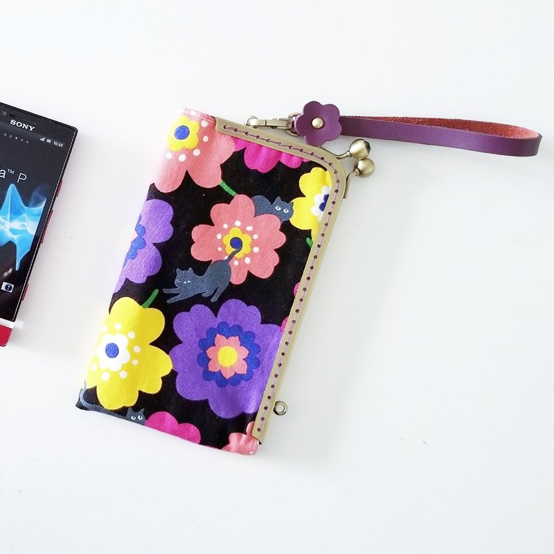 【現貨】L型口金手機夾・手機包 (彩花灰貓 x 黑色) - 手機殼/手機套 - 棉．麻 黑色