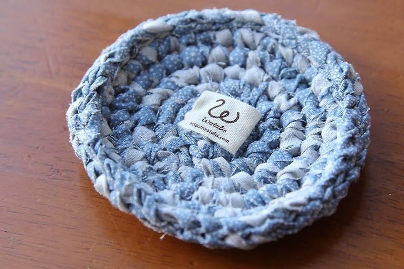 爽やかブルーの裂き編みコースター - 杯墊 - 棉．麻 藍色
