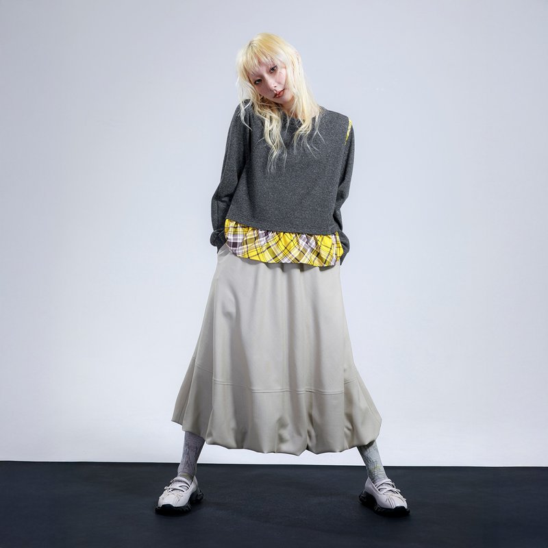 雲弧襬拼接長裙 - 裙子/長裙 - 其他材質 卡其色