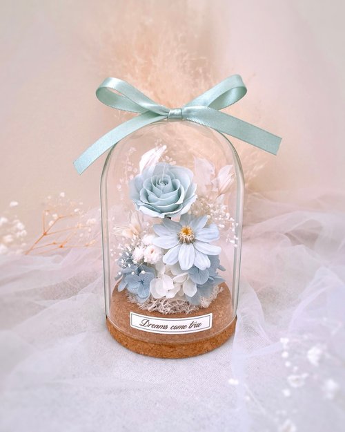 Dreams come true 永生花/乾燥花 永生花玻璃盅-晨霧藍 l 不凋花玻璃盅 日本玫瑰 情人節禮物