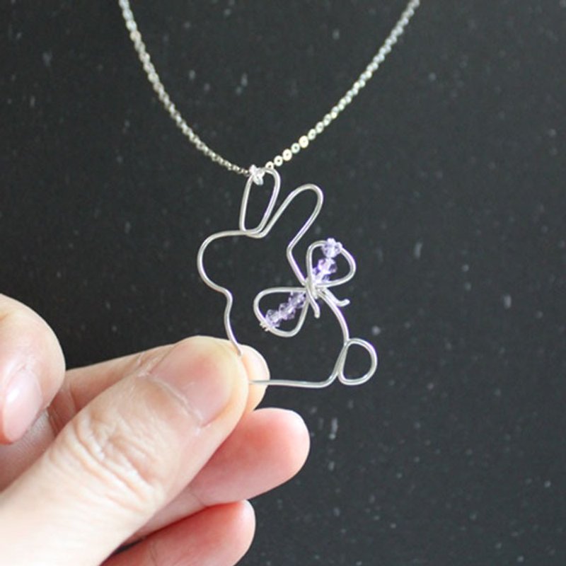 Baby Rabbit Sterling Silver Necklace with Crystal beads - สร้อยคอ - โลหะ สีเงิน