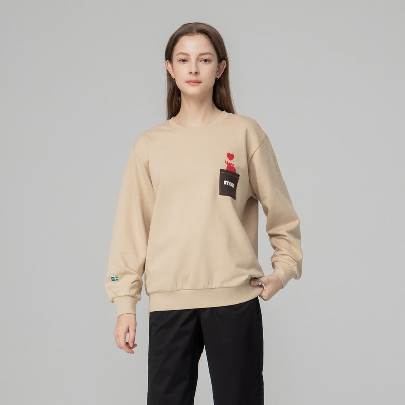 moz Swedish Stereo Pocket Moose 100% Cotton University T-Cream Rice (Asian Version) Women's Style - เสื้อฮู้ด - ผ้าฝ้าย/ผ้าลินิน สีกากี