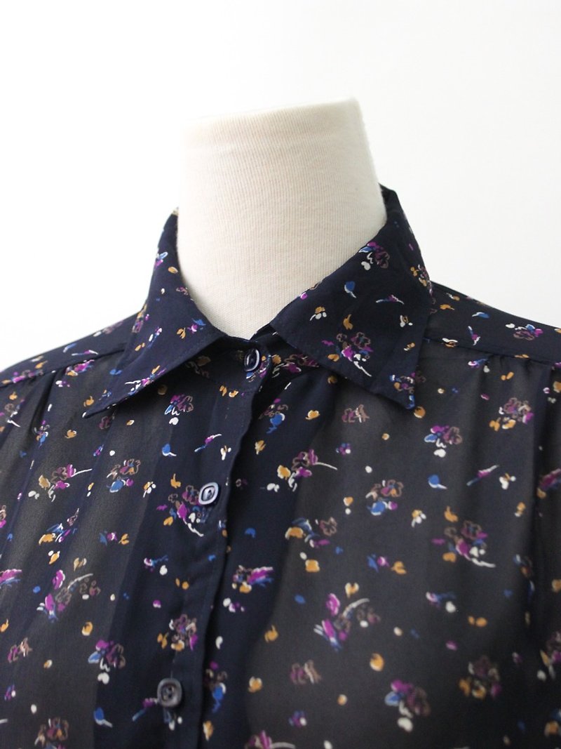 Vintage floral dark blue long-sleeved vintage shirt Vintage Blouse - Women's Shirts - Polyester Blue