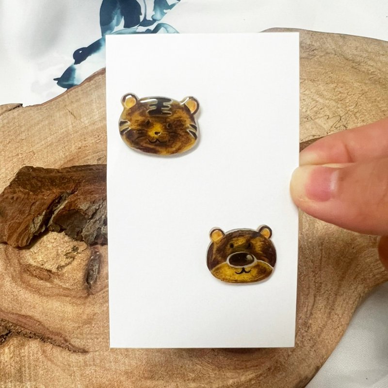 Bear and Tiger Earrings/ Pair - Earrings & Clip-ons - Resin Brown