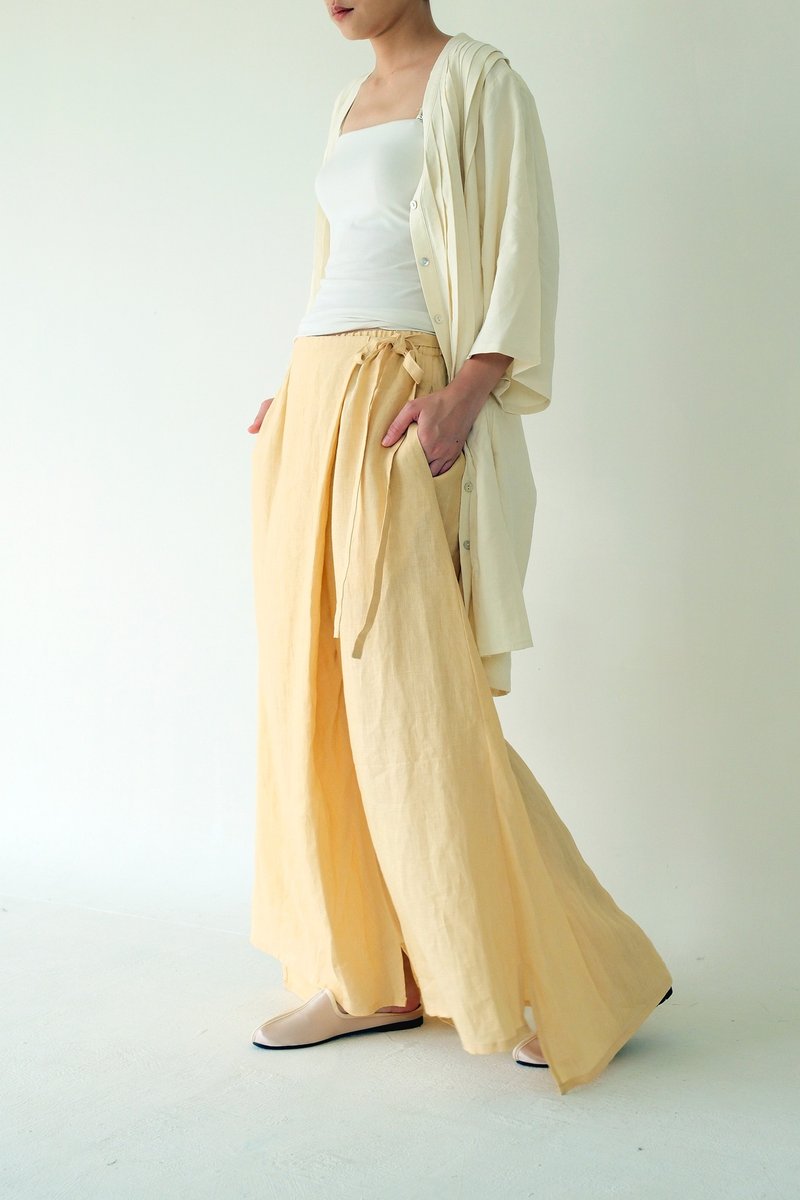 川 衣 WEAR BEING  前片綁帶開衩前短後長寬褲  淡橘亞麻 - 中性長褲/短褲 - 棉．麻 橘色