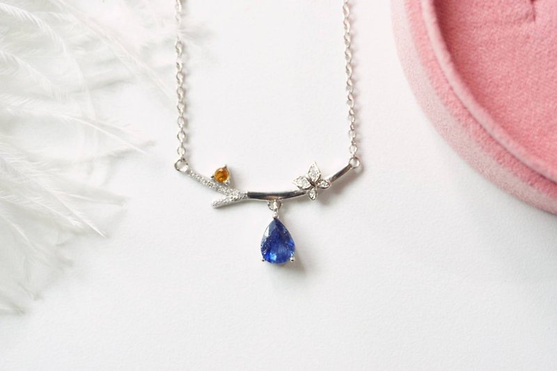 Natural Blue Sapphire Necklace Silver925, butterfly pendant - Necklaces - Sterling Silver Blue