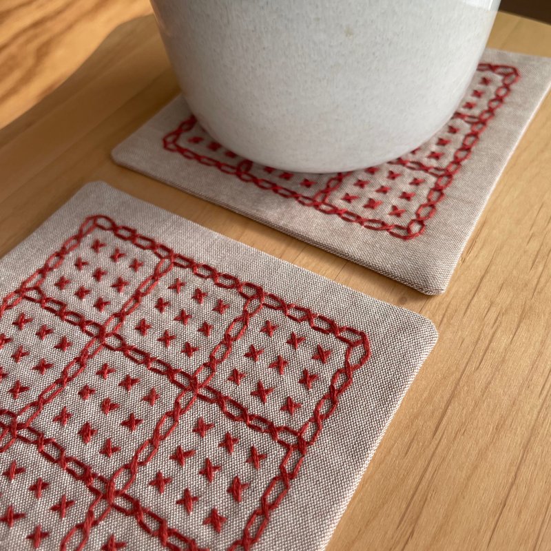 Sashiko Coasters Set of 2 for Biscuits, Snacks, Kitchen Supplies, Cafe, Coffee Brown Fabric Coasters, Handmade, Gifts, Christmas, Birthday - Coasters - Cotton & Hemp Brown