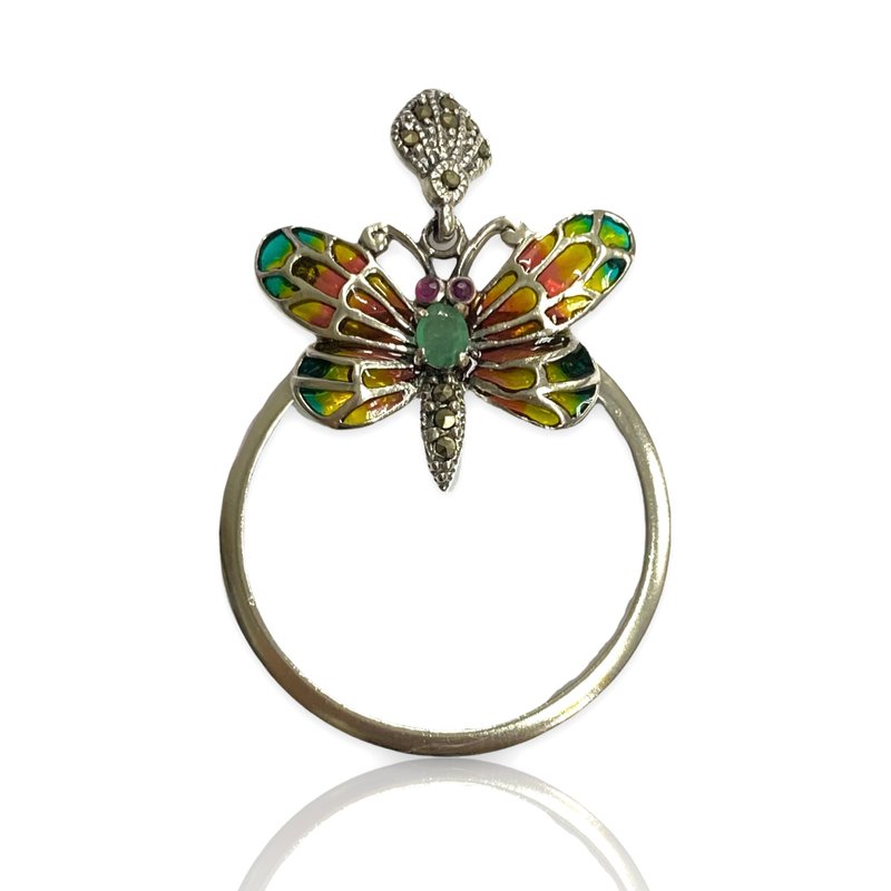 Art Nouveau Enamel Butterfly Magnifying Glass Loop Pendant 925 Sterling Silver - 其他 - 純銀 銀色