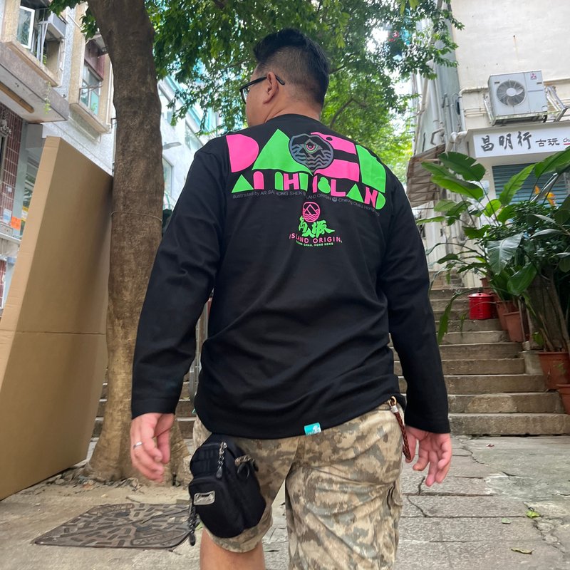 香港設計 島人源unisex  薄款長袖Tee島之遊魂2.0 - 男 T 恤 - 棉．麻 黑色