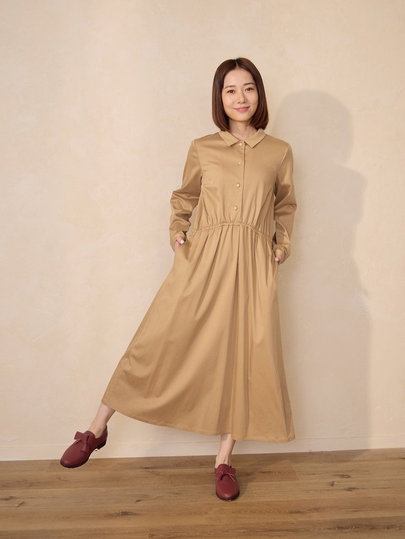 Sunrise Sees Clouds Shirt Collar Dress-Gentle - One Piece Dresses - Other Man-Made Fibers Khaki