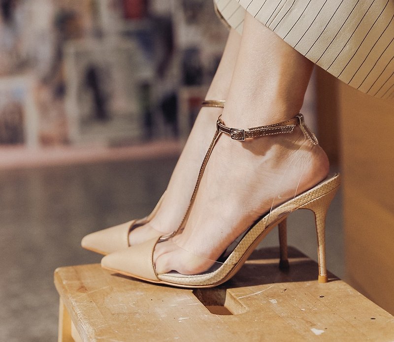 T-shaped transparent structure high heel sandals gold - รองเท้าส้นสูง - หนังแท้ สีทอง