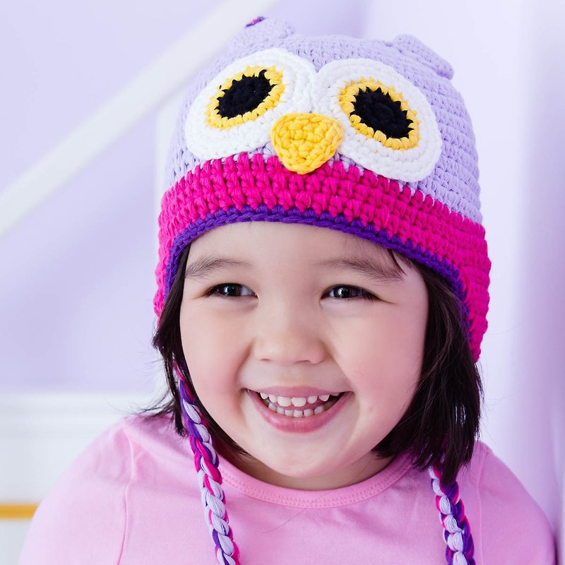 Cutie Bella hand-knitted cap Owl-Lavender/Fuchsia - หมวกเด็ก - ผ้าฝ้าย/ผ้าลินิน สีม่วง