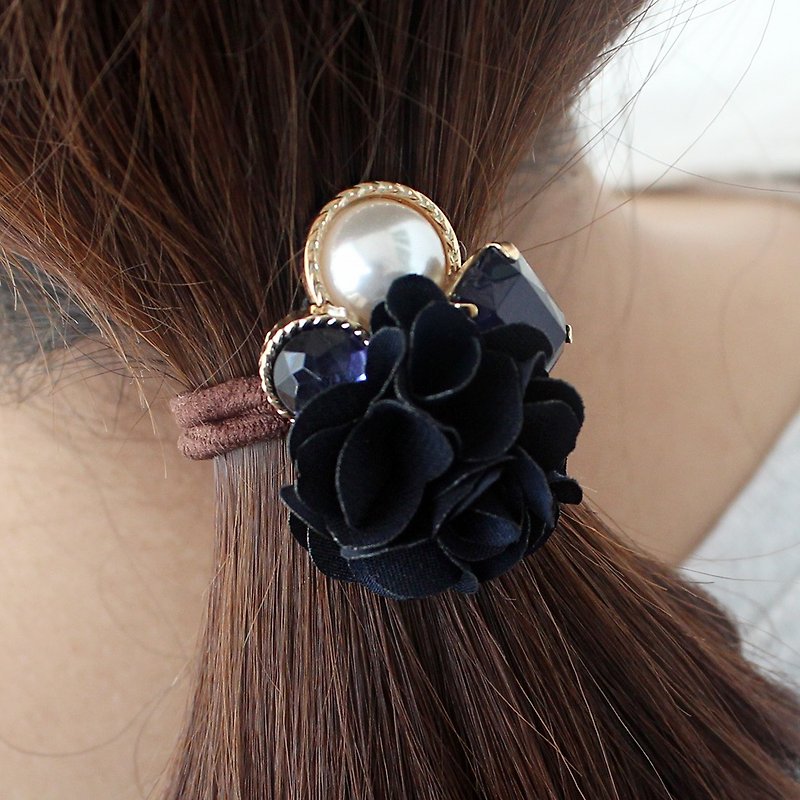 Navy Flower Pearl Beads ponytail holder - Hair Accessories - Polyester Blue