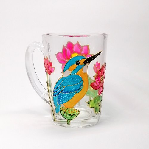 StekloCraft Kingfisher coffee mug Bird tea cup hand painted Lotus mug for her Water lily