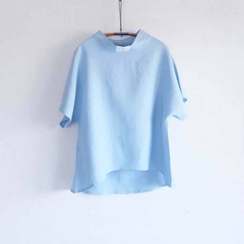 亞麻無肩線T恤 上衣-藍天色 - 女襯衫 - 棉．麻 藍色