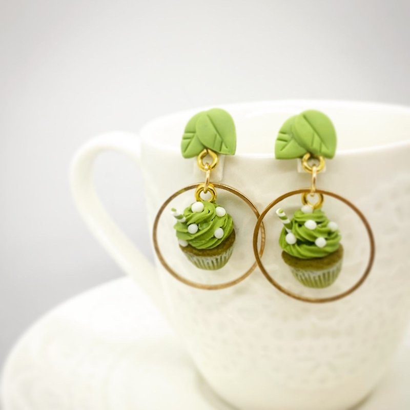 Pottery Earrings & Clip-ons Green - Miniature Matcha Cup Cake Earring