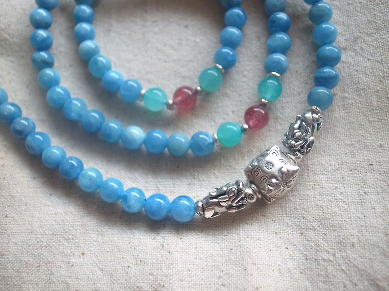 ORLI Jewelry ♡♡ Natural Aquamarine 108 Rosary X Multi-Ring Bracelet ♡ Sterling Silver Lucky 貔 貅 ♡ Natural Stone ♡ Aquamarine ♡ Aquamarine - Bracelets - Gemstone Blue