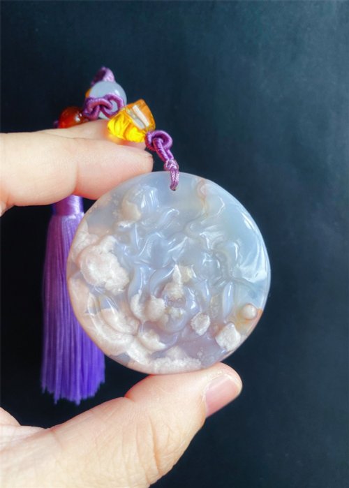 樂藏｜輕珠寶｜手作能量 櫻花瑪瑙 飄龍紋 蓮 雕刻件 水晶 包掛 閨密 天然石 禮物
