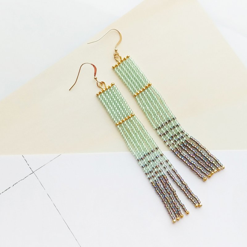 Light-Green - Long Beaded Tassel Earrings - ต่างหู - วัสดุอื่นๆ สีเขียว