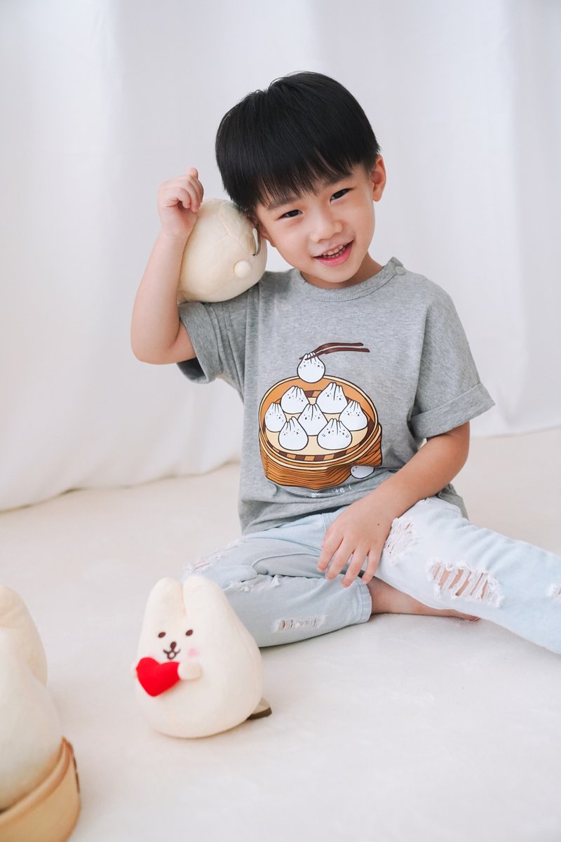 Kid-麻糬兔小籠包小孩T-shirt (灰色) - 男/女童裝 - 棉．麻 灰色