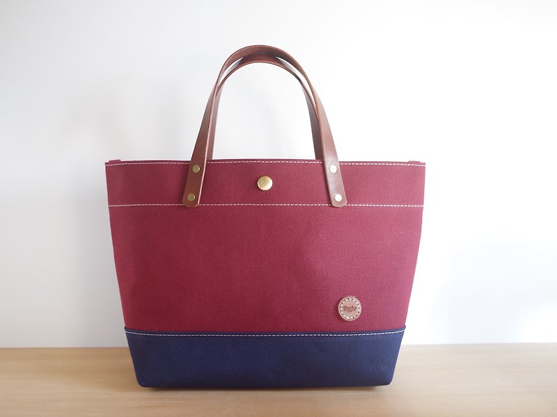 Leather handle canvas tote bag Bordeaux x Navy - Handbags & Totes - Cotton & Hemp Multicolor