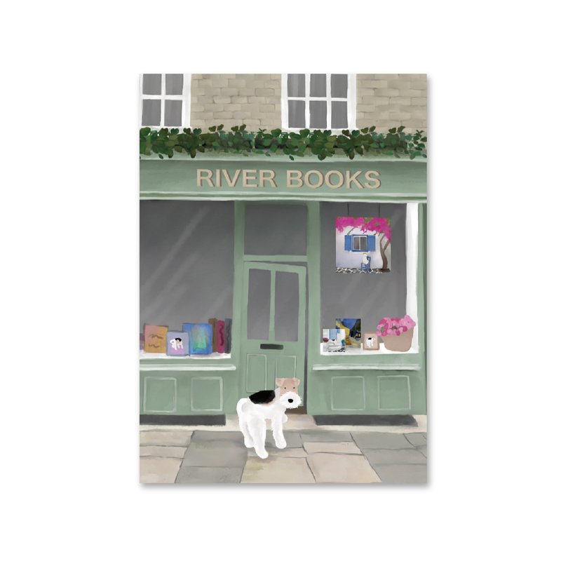 Wirefoxterrier postcard ~ in front of the watercolor bookstore - การ์ด/โปสการ์ด - กระดาษ ขาว