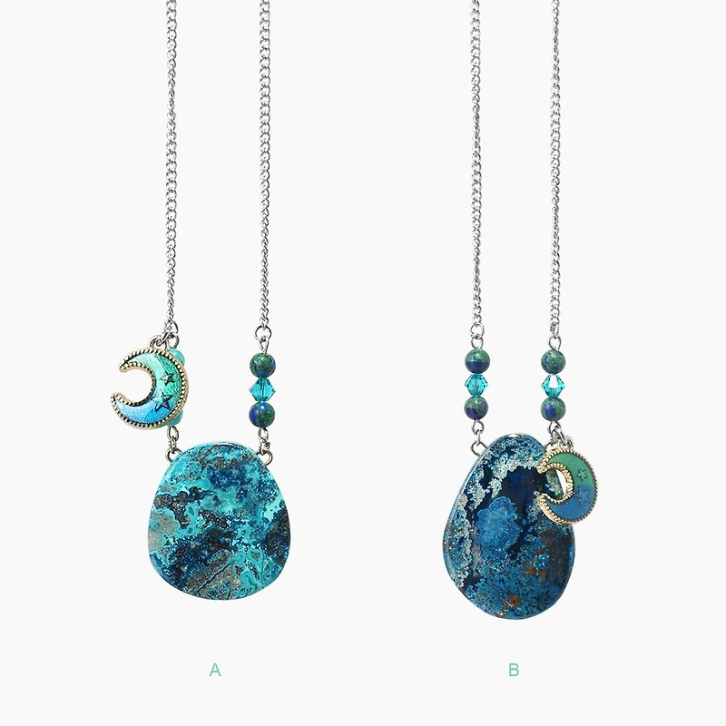 Natural Chrysocolla Azurite Stone Necklace with Moon Charm - สร้อยคอ - เครื่องประดับพลอย สีน้ำเงิน