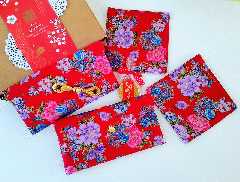 春の牡丹の花のボール赤い封筒+コースターの組み合わせ（限定） - ご祝儀袋・ポチ袋 - コットン・麻 レッド