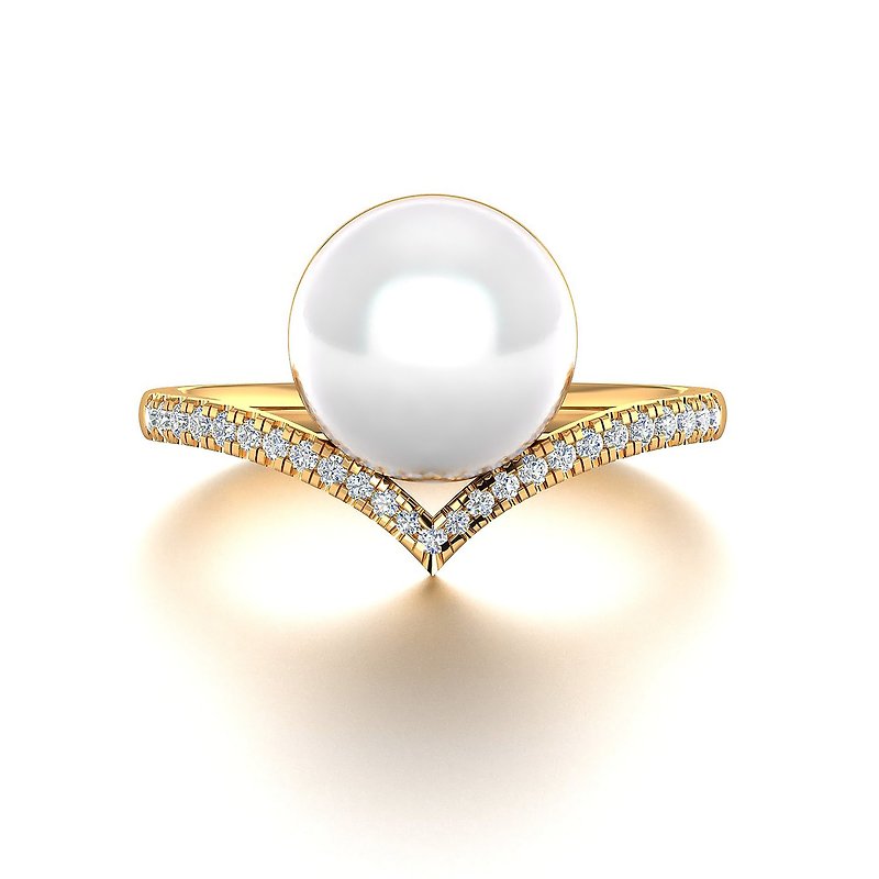 【PurpleMay Jewellery】18k Yellow Gold Akoya Pearl Diamond Ring Band R030 - แหวนทั่วไป - ไข่มุก ขาว