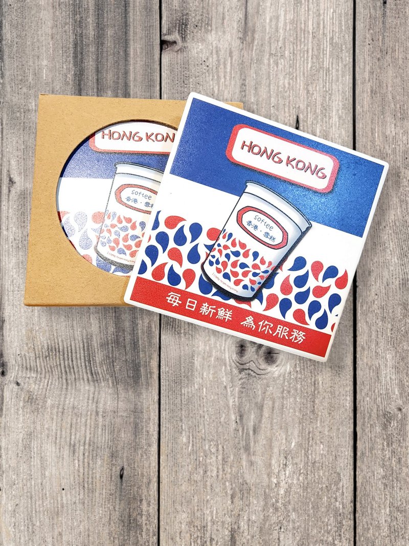 Original Electric Painting Hong Kong Regal Ice Cream Absorbent Ceramic Coaster - ที่รองแก้ว - ดินเผา ขาว