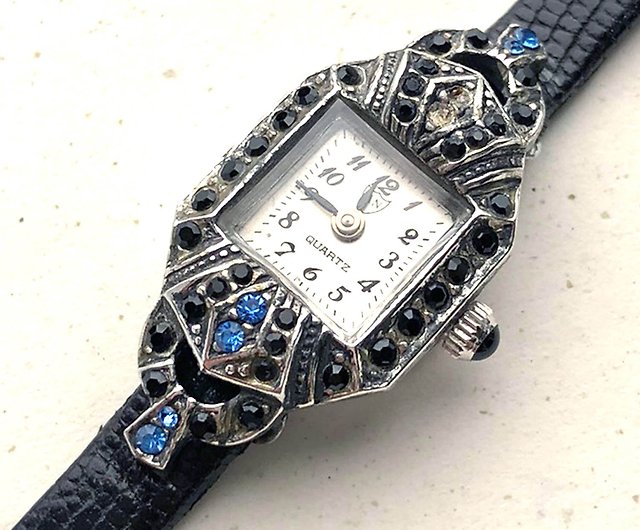 ブリティッシュアリD.ノーマンスターリングシルバー手作りヴィンテージ時計| 925シルバーブルーダイヤモンドレザーブラックダイヤモンド