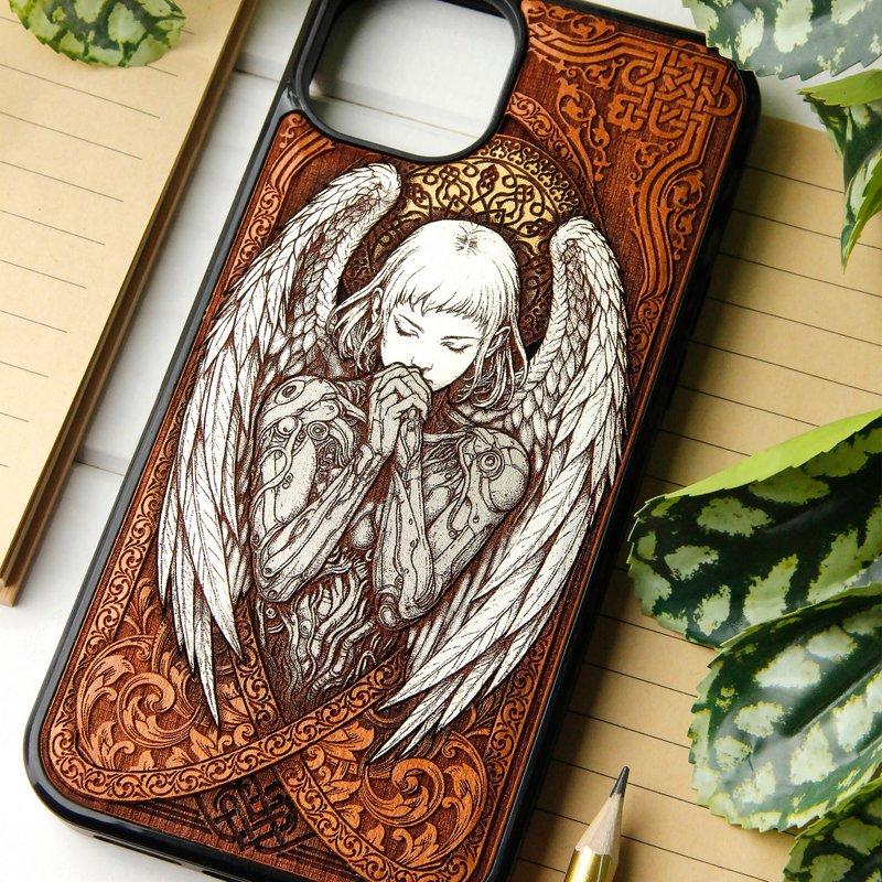 Cyber Angel -  Phone case wood laser engraved + hand painting - 手機殼/手機套 - 木頭 咖啡色