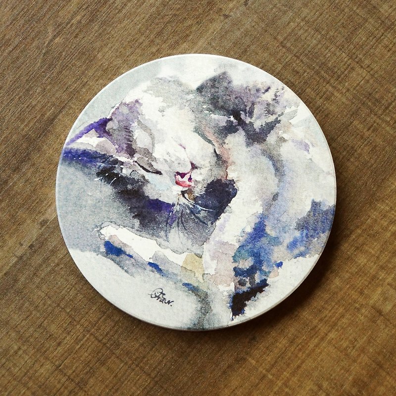 Ceramic Drinking Coaster - Cat Slacker - Coasters - Pottery Gray