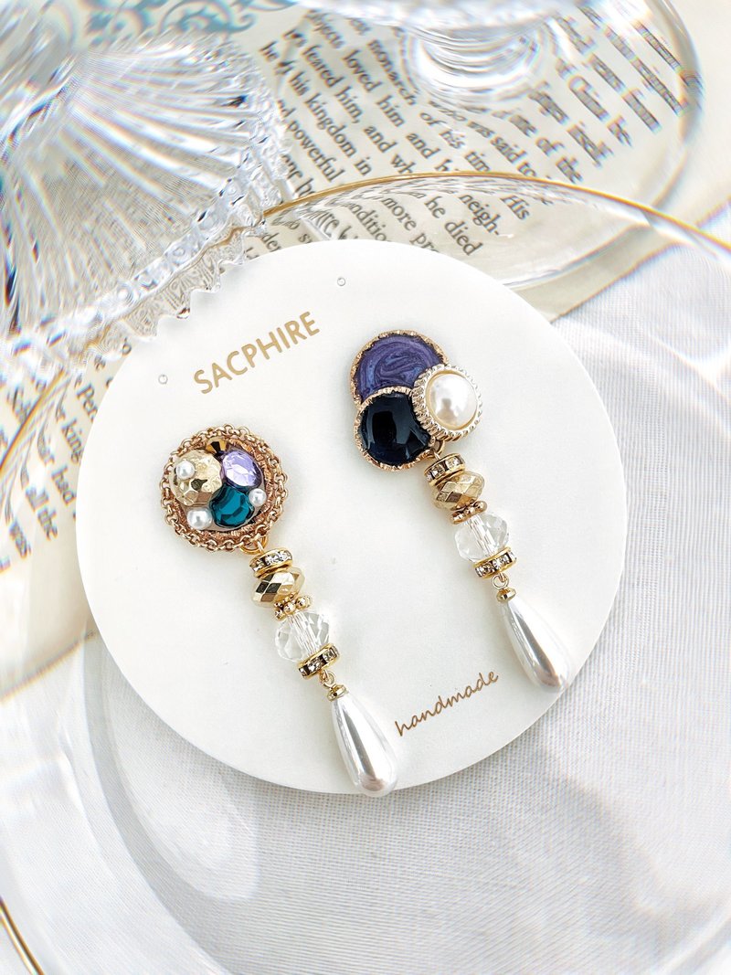 Classical Gemstone Button Vintage Pearl Waterdrop Amphibole Crystal Purple Turquoise Dark Blue Earrings - ต่างหู - วัสดุอื่นๆ สีทอง