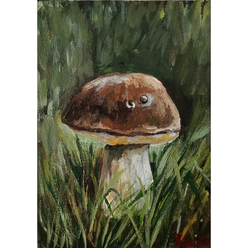 Woodland Mushroom Boletus Original Art Small Format Hand Painted By RinaArtSK - Wall Décor - Other Materials Multicolor