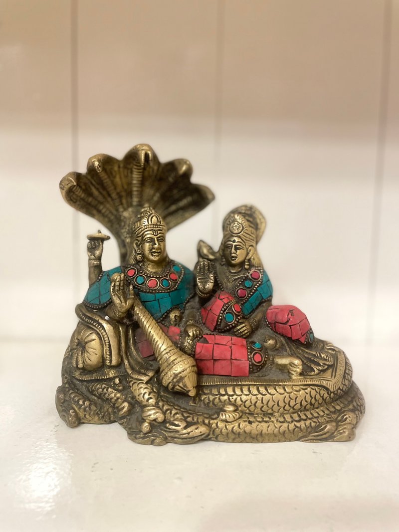 印度手工製 精細鑲嵌工藝 黃銅像 - 印度教神祇 毗濕奴 - 擺飾/家飾品 - 銅/黃銅 金色